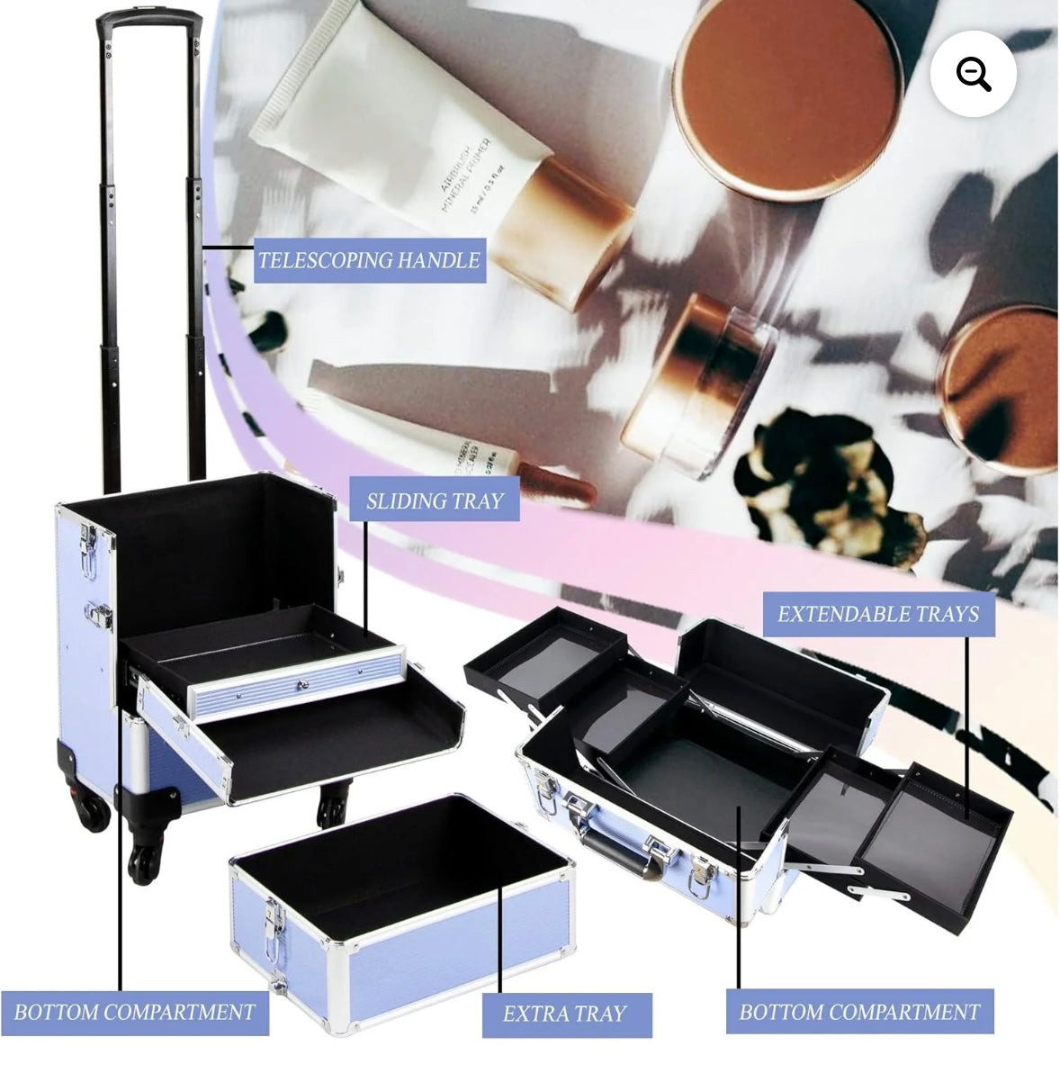 Aluminum 4 in 1 Rolling Cosmetic Trolley Organizer